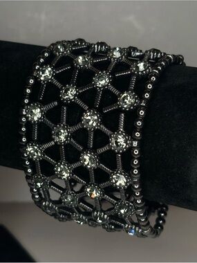 Y2K‎ Gunmetal Glass Rhinestone Wide 2” Cuff Bracelet Goth Glam Statement